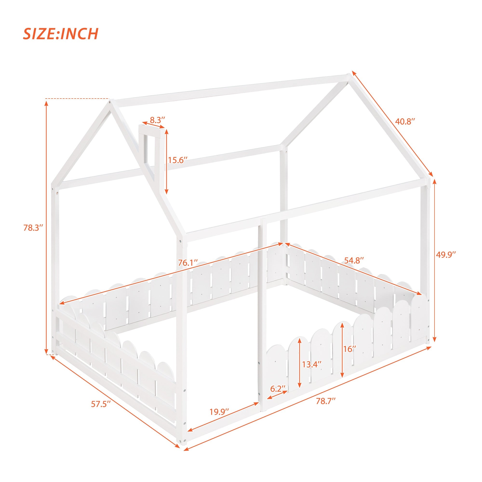 (Slats are not included) Full Size Wood Bed House Bed Frame with Fence for Kids Teens Girls Boys (White )