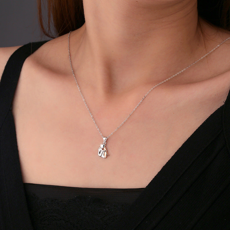 S925 sterling silver little girl and dog embrace necklace for women fashionable and simple contrasting color collarbone chain