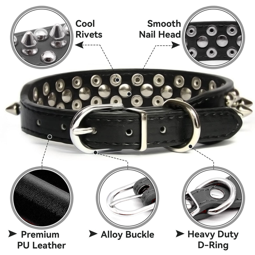Small Spiked Black Dog Cat Collar For Small Medium Dogs - Adjustable Studded Puppy Collars - Soft Padded Punk Leather Dog Collar For Small Medium Breed Dogs