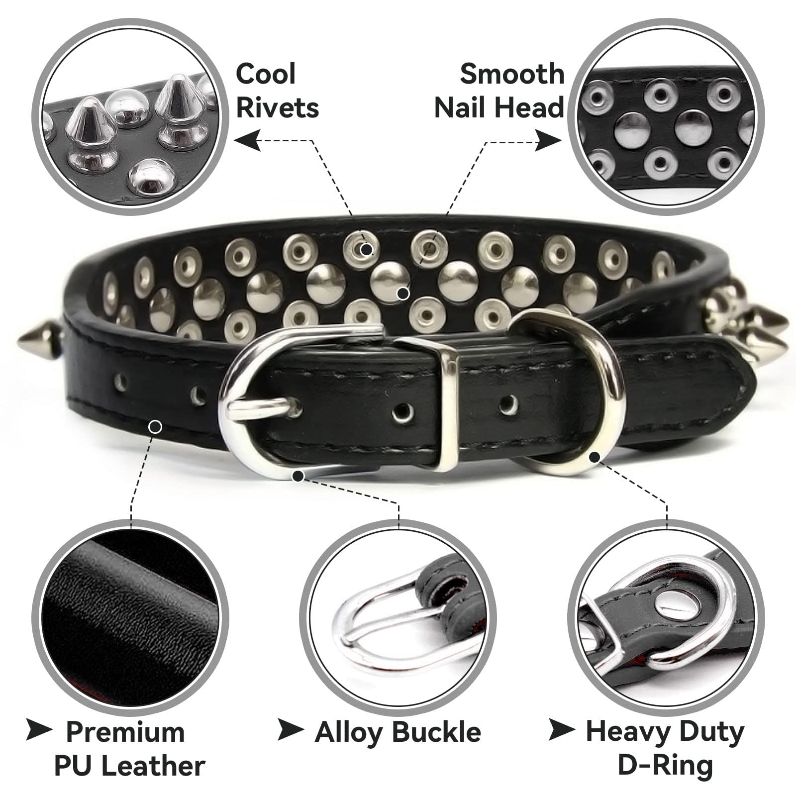 Small Spiked Black Dog Cat Collar For Small Medium Dogs - Adjustable Studded Puppy Collars - Soft Padded Punk Leather Dog Collar For Small Medium Breed Dogs