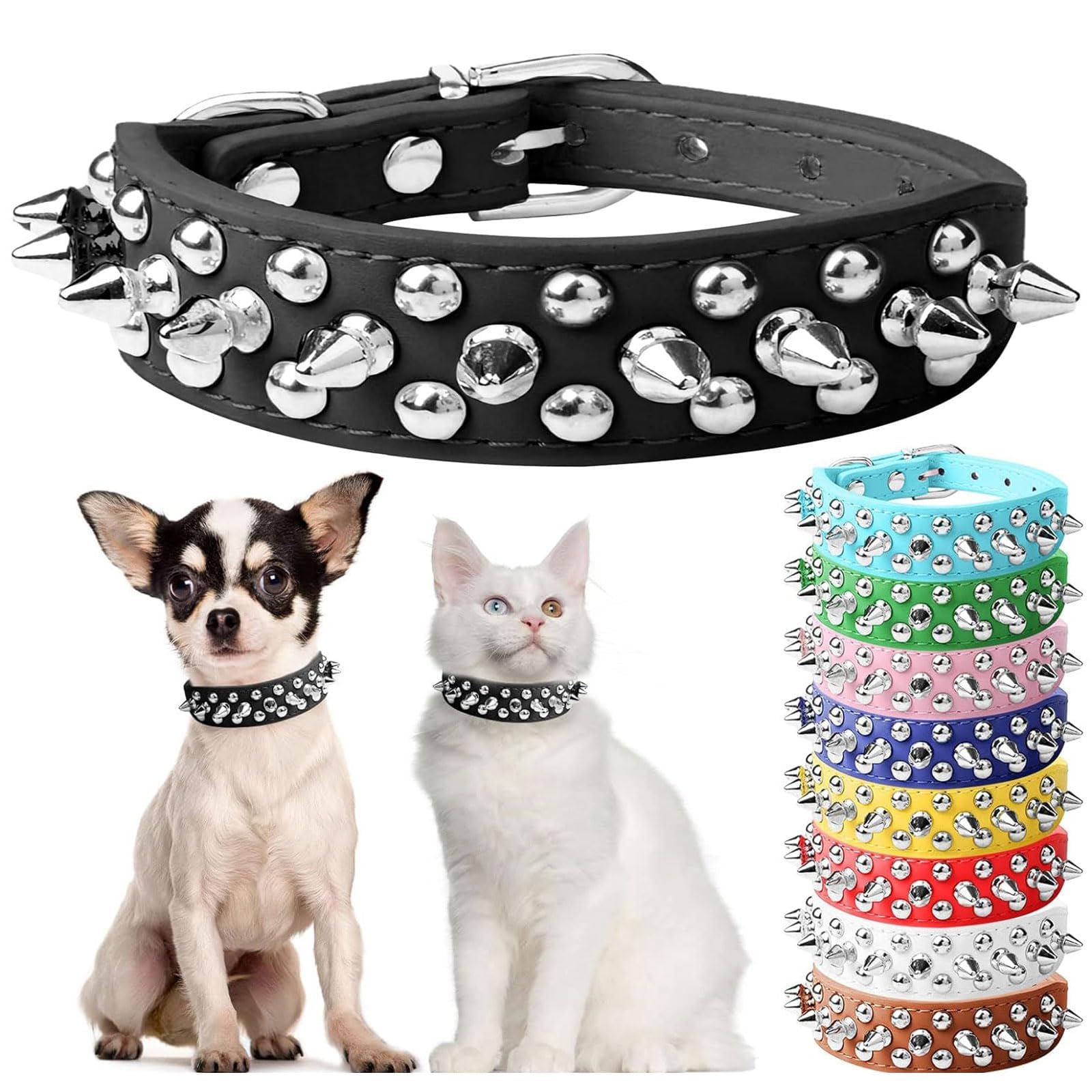 Small Spiked Black Dog Cat Collar For Small Medium Dogs - Adjustable Studded Puppy Collars - Soft Padded Punk Leather Dog Collar For Small Medium Breed Dogs