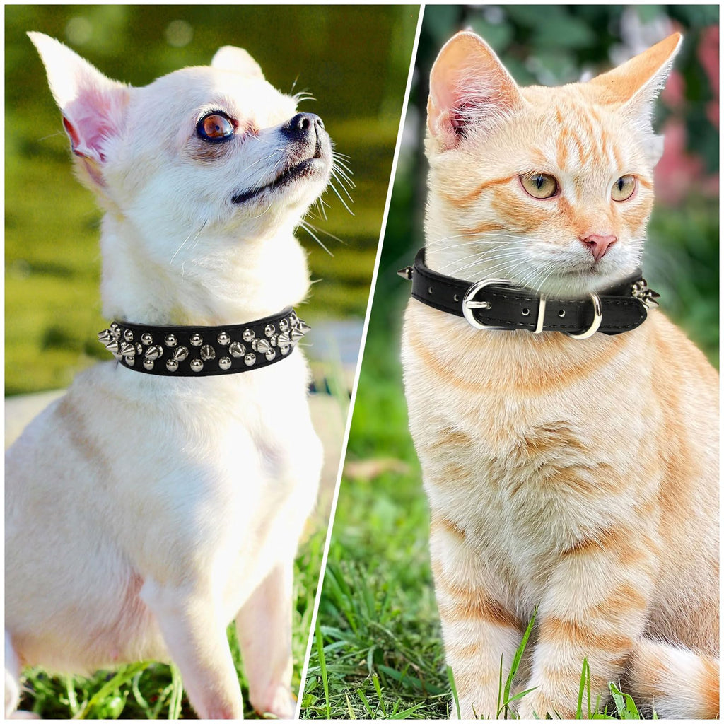 Small Spiked Black Dog Cat Collar For Small Medium Dogs - Adjustable Studded Puppy Collars - Soft Padded Punk Leather Dog Collar For Small Medium Breed Dogs